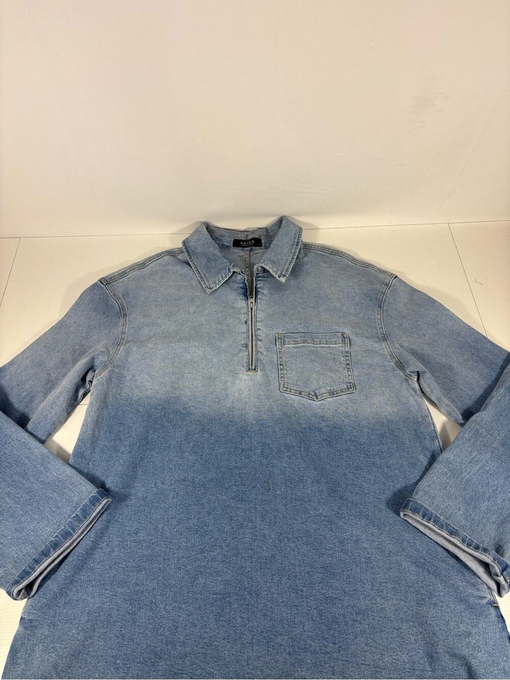 AKIRA Denim Half Zip Oversized Tunic Top Light Wash Collared Size Medium